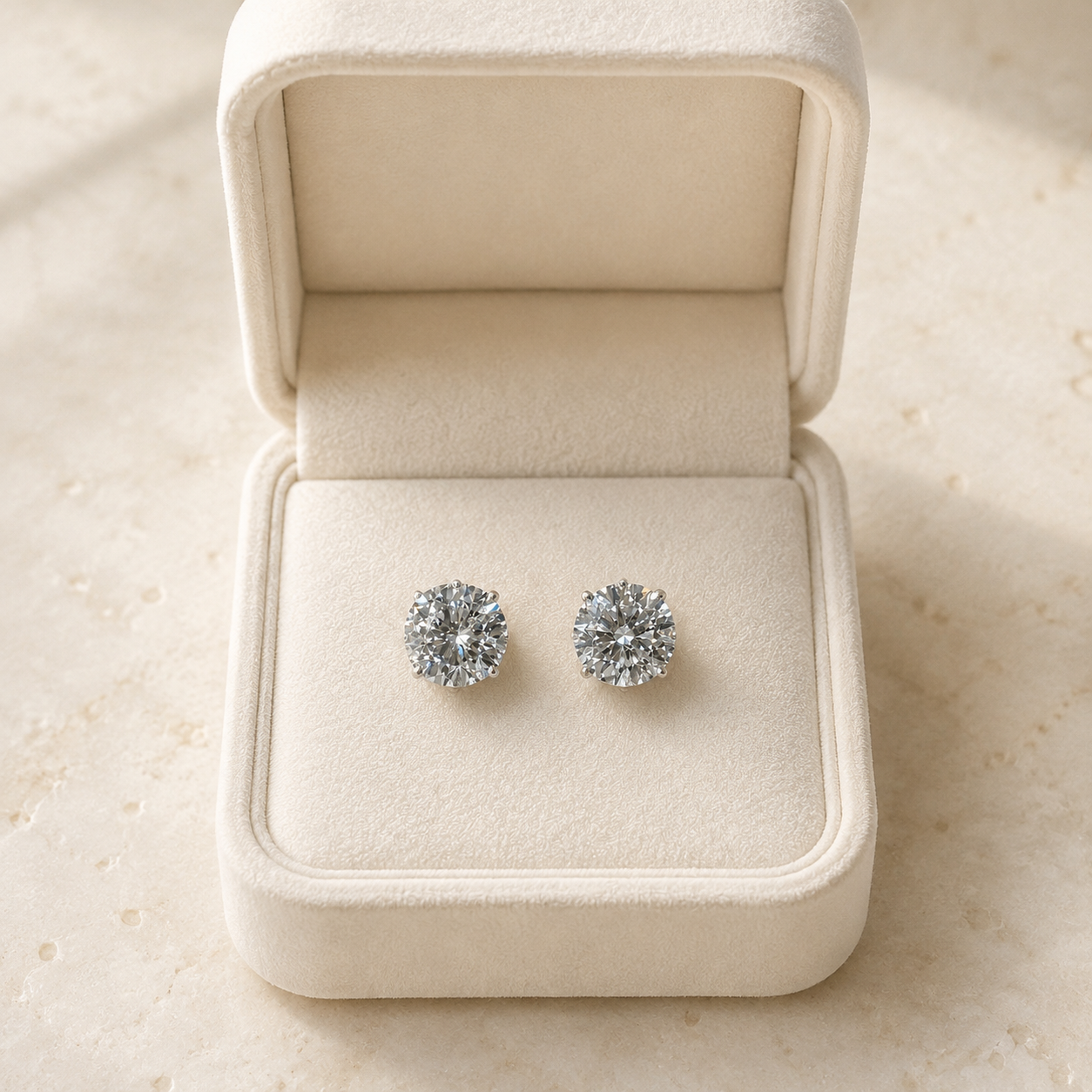 Diamond stud earrings in an ivory jewellery box